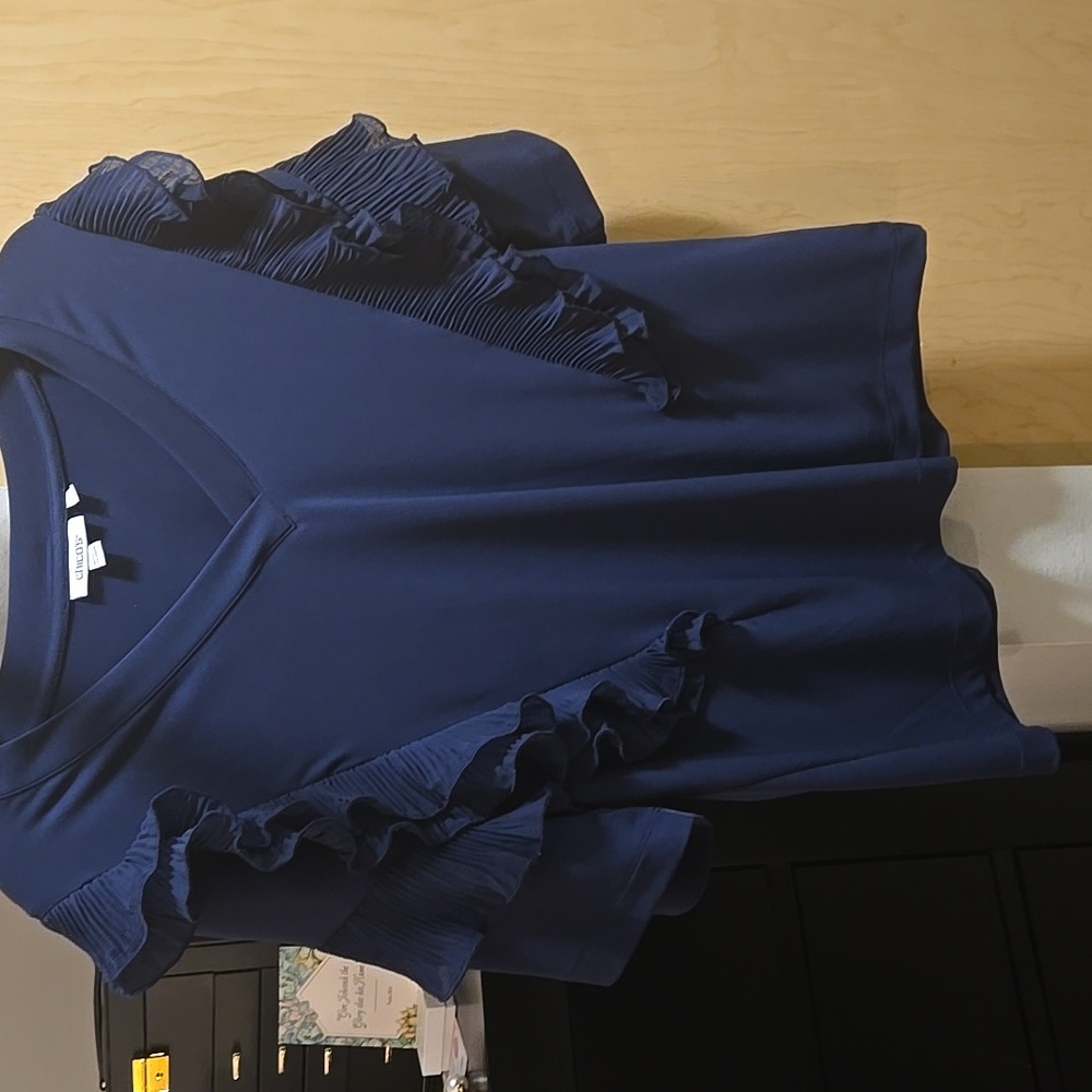 Chico's Deep Blue Top. Beautuful Ruffled Sleeves And Ruffled bodice.